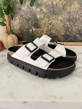 Birkenstock Papillio Chunky Arizona Platform Sandals White Black Size 9
